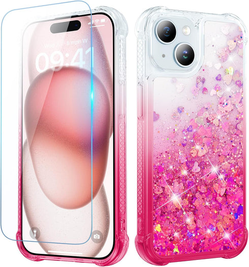 Ruky for iPhone 15 Case, with Screen Protector Glitter Sparkle Flowing Quicksand Waterfall Flexible Soft TPU Protective Women Girls Phone Case for...