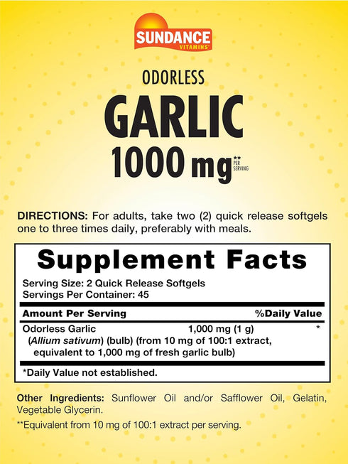 Odorless Garlic Softgels | 1000mg | 90 Count | Non-GMO and Gluten Free Supplement | by Sundance...
