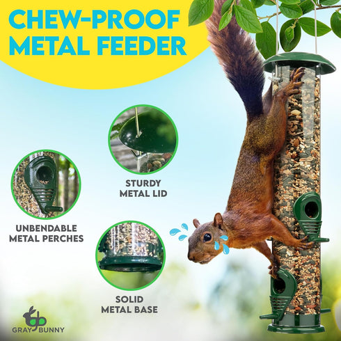Gray Bunny Metal Bird Feeder, 4-Port Wild Bird Feeders for Outdoors Hanging, Heavy Duty Chew-Proof and Rust-Proof Tube Bird Feeder, 15 Inches...