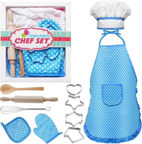 Kids Cooking and Baking Set,11 Pcs Kids Aprons for Girls,Chef Costume Set,Includes Kids Apron and Chef Hat,Mitt & Cooking Cutters,Toddler Chef Rol...
