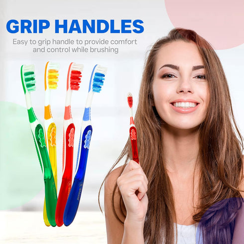Toothbrush Dual Pro with Multi-Level Filaments, Anti-Slip Grip (Expert Care - Medium Bristles) Adults - Yellow, Red, Blue, Green - 8 Count (Pack o...