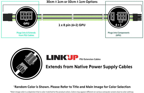 LINKUP - AVA 30cm PCI-E 8P(6+2) GPU PSU Power Supply Braided Sleeved Custom Mod PC Extension Cable w/Combs | Strong & Stiff Design | Single Pack |...