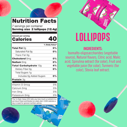 SmartSweets Lollipops, 3oz, Blue Raspberry & Watermelon Flavors, Hard Candy with Low Sugar (1g), Low Calorie (40), No Artificial Sweeteners, Plant...