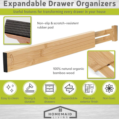 Homemaid Living Bamboo Drawer Organizer Adjustable and Expandable - Ideal Drawer Dividers for Kitchen, Dresser, Bedroom and Bathroom - Expandable ...