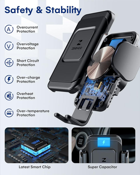 ZeeHoo Wireless Car Charger,15W Fast Charging Auto-Clamping Car Mount,Windshield Dash Air Vent Phone Holder for iPhone 15 14 13 12 Mini 11 Pro Max...