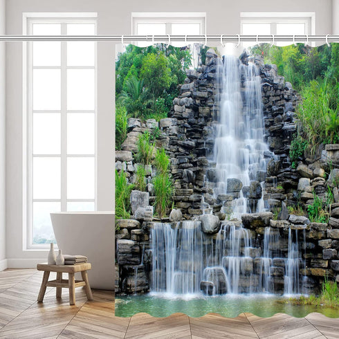 Waterfalls Shower Curtains Stone Rockery Landscapes Spring Green Plant Courtyard Garden Outdoor Scenery Bathroom Decor Polyester Fabric Curtain Se...