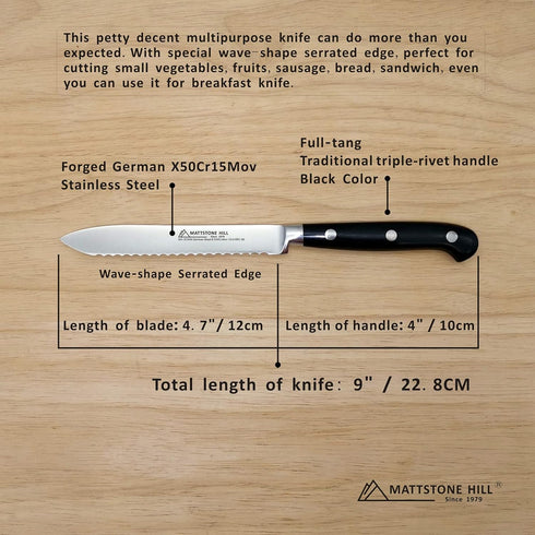 Serrated Utility Knife - MATTSTONE HILL 4.7" Kitchen Knife, German Stainless Steel Vegetable Knife, Paring Knife, Triple Rivet Handle...