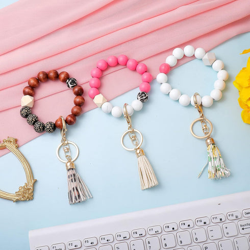 3 Pieces Silicone Key Ring Bracelet Elastic Beaded Keychain Wristlet with Faux Leather Tassel Car Key Ring Holder...