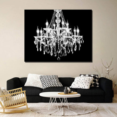 Canvas Print Wall Art - White Crystal Chandelier on Black Background - Wall Decor Modern Artwork Paintings Pictures for Living Room Stretched and ...