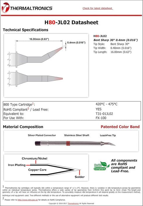 Thermaltronics H80-JL02 Bent Sharp 30deg 0.4mm (0.016in) interchangeable for Hakko T31-01JL02...
