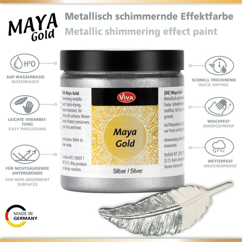 Viva Decor Maya Gold (Silver) 8.45 Fl Oz - Shiny metallic acrylic paint for creative works on wood, glass, and porcelain. Impact-resistant, smudge...