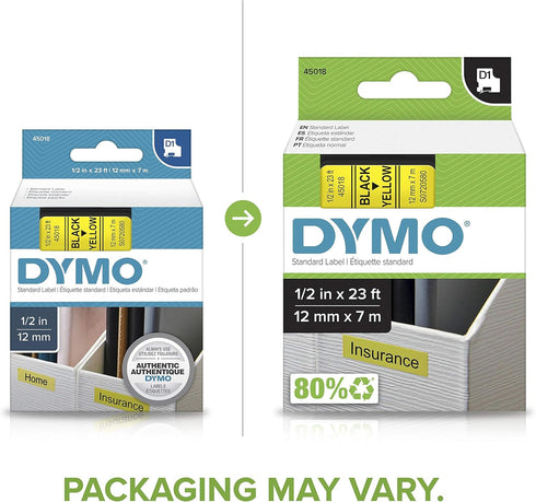 DYMO Standard D1 43610 Labeling Tape (Black Print on Clear Tape, 1/4'' W x 23' L, 1 Cartridge), DYMO Authentic...