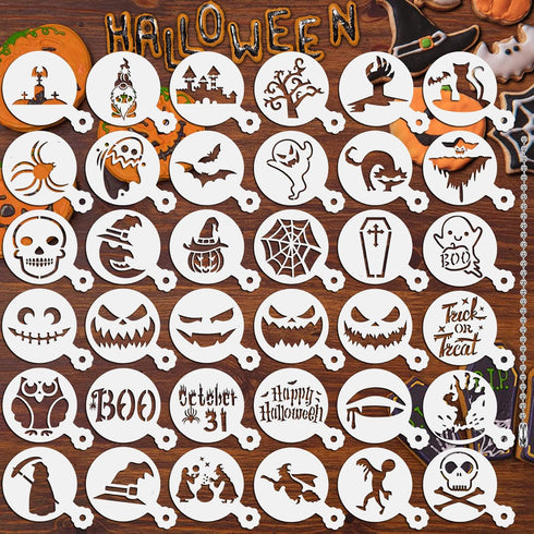 JULBEAR 36 Pieces Reusable Halloween Cake Cookie Stencils Templates Mold Tools for Cookies DIY Holiday Baking Painting Dessert Craft Coffee Decora...