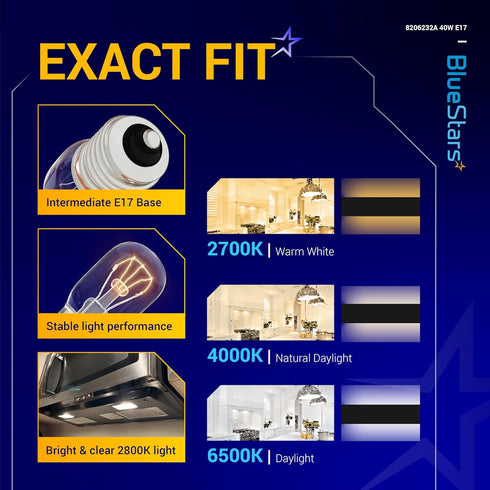 BlueStars 8206232A Microwave Oven Light Bulb 40W 125V E17 Base, Compatible with Whirlpool Under Hood Microwave Bulb, Lava Lamp, Salt Lamp Bulbs, R...