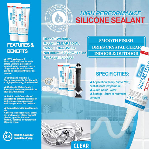8Oz Clear Waterproof Caulk & Seal Silicone Sealant, Wadities Tile Grout Repair Kit with Grout Remove Scraper, Shrink & Crack Proof for Bathroom, S...