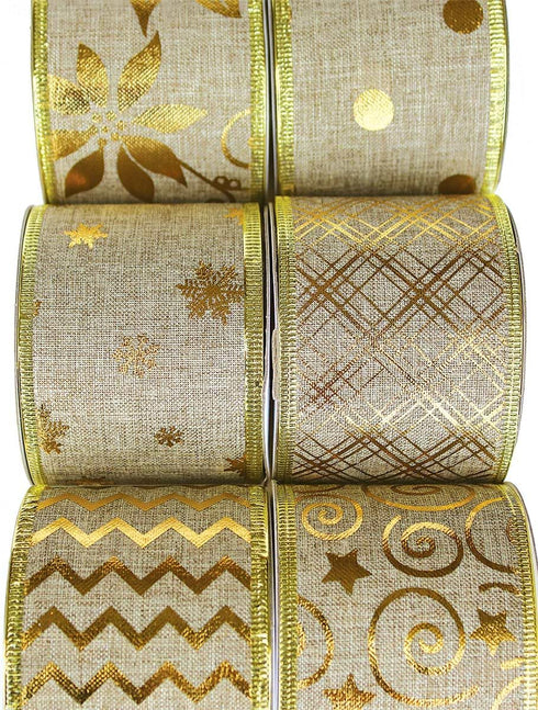 Gold Ribbon Wired Christmas Tree Ribbon 2.5 Inch Burlap Ribbons Xmas 6 Rolls 36 Yards Metallic Glitter Crafts Decorating Gift Wrapping Bows Gift W...