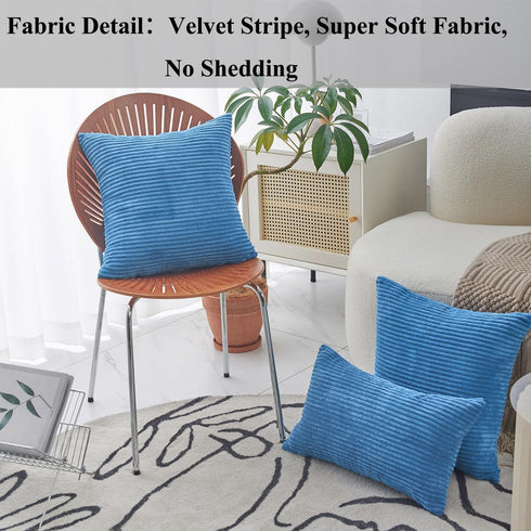 Home Brilliant Throw Pillow Covers Decorative Soft Velvet Corduroy Striped Set of 2 Square Cushion Cover for Couch Bench, 18 x 18 inch, Blue...
