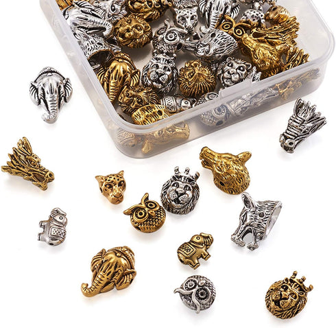 Fashewelry 48pcs Animal Tibetan Loose Spacer Beads Mixed Wolf Lion Owl Elephant Leopard Dragon Head Alloy Beads for Necklace Bracelet Earring Craf...