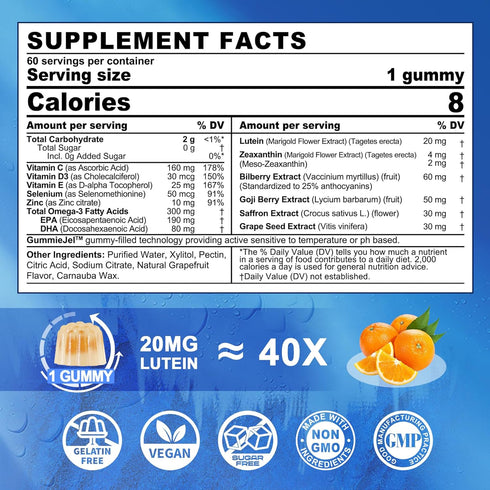 Sugar Free Lutein 20mg & Zeaxanthin Eye Supplement Plus EPA 190mg & DHA 80mg, Eye Vitamins Filled Gummies with Selenium & Zinc, Bilberry, Goji Ber...