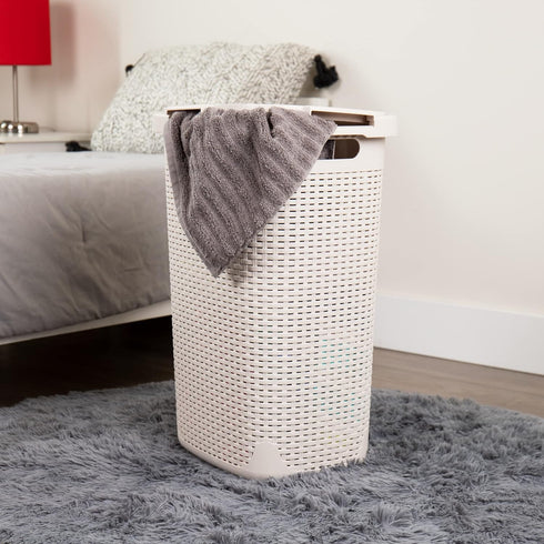 Mind Reader Slim Laundry Hamper with Lid, 60L Clothes Basket, Wicker Design, Plastic, 17.65"L x 13.75"W x 24.15"H, Ivory...