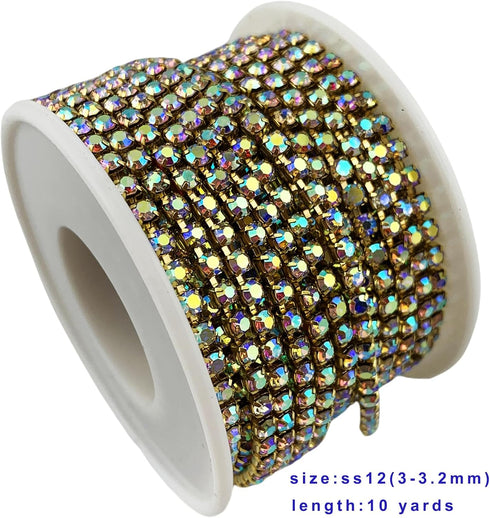 10 Yard Crystal AB Rhinestone Close Chain Clear Trim Sewing Craft (Gold, 3mm)...