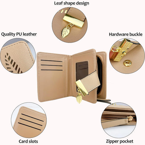 VODIU Women's Short Purse Leather Medium Wallet Leaf Bifold Card Coin Holder Small Purses Buckle Zipper Clutch...