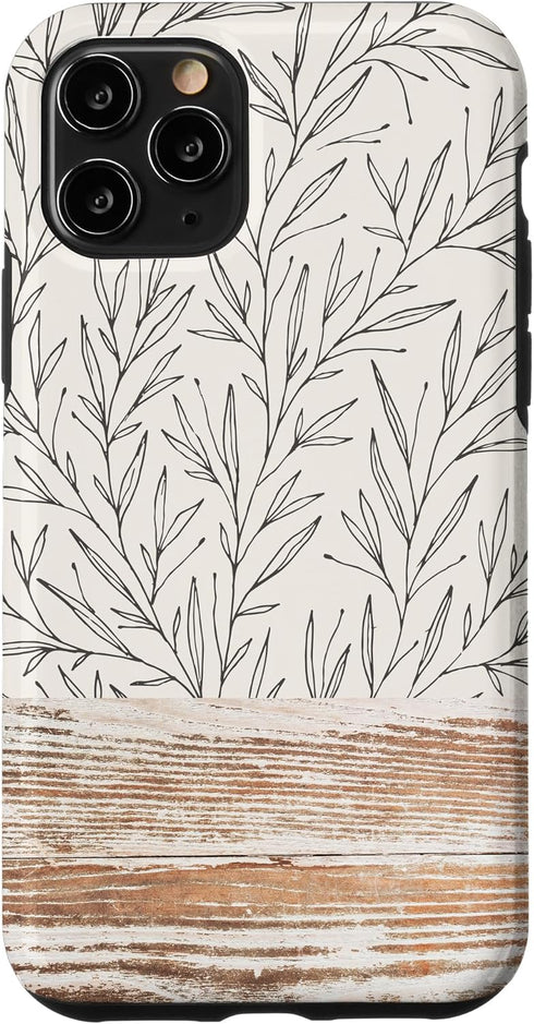 iPhone 11 Pro Boho Rustic Botanical Leaf Pattern Vintage Beige Case...