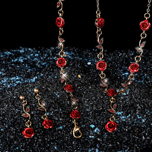 Yolev 3Pcs Set Red Rose Jewelry - Rose Flower Pendant Necklace, Bracelet Dangle Earrings.Bracelet Flower Jewelry Dangle Earrings Set For Valentine...