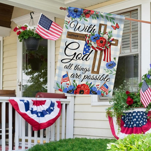 With God All Things are Possible July 4th Patriotic Decorative House Flag, American Religious Cross Anemone Flower Home Yard Garden Outdoor Decor,...