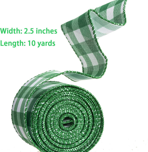 ATRBB Green and White Buffalo Plaid Ribbon Wired Edge Gingham Ribbon for St Patrick's Day Decoration and Bows Craft,10 Yards by 2.5 Inches...