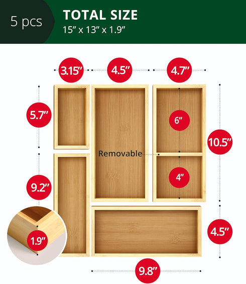 ROYAL CRAFT WOOD 5-Piece Bamboo Drawer Organizer Set – Multi-Use Storage Trays for Kitchen, Bathroom, Office, Makeup, Jewelry & More – Junk Drawer...