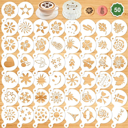 Konsait 50Pack Cake Stencil Templates Decoration, Reusable Cake Cookies Baking Painting Journal Mold Tools, Dessert, Coffee Decorating Molds Cappu...