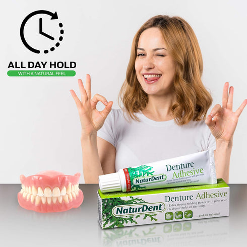 Natural Strong Denture Adhesive NaturDent holds Dentures Longer and Stronger No Zinc No Petrochemical No Paraben No Yucky Taste...