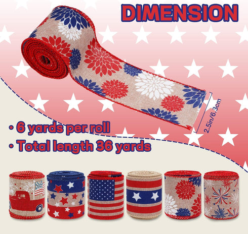 Patriotic Wired Edge Ribbon 36 Yards Red Blue White American Flag Ribbon 2.5 Inch 4th of July Stars Stripes Fabric Ribbon for Independence Day Mem...