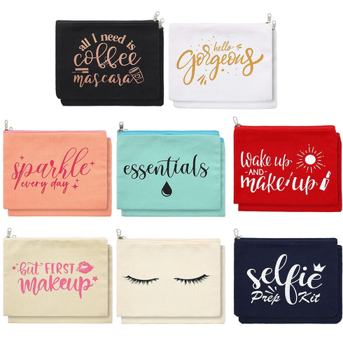 Weewooday 16 Packs Make Up Bags Multicolor Funny Canvas Makeup Bags Travel Cosmetic Bags Inspirational Makeup Pouch with Zippers Cotton Canvas Toi...