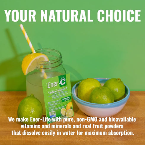 Ener-C Lemon Lime Multivitamin Drink Mix Powder Vitamin C 1000mg & Electrolytes with Real Fruit Juice Natural Energy & Immune Support for Women & ...