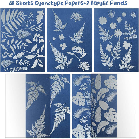 38 Sheets Cyanotype Paper A5 Sun Print Paper Kit with 2 Clear Acrylic Sheets High Sensitivity Solar Drawing Paper Nature Sun Printing Paper for Ad...