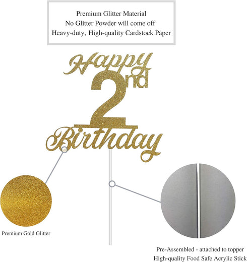 2nd Birthday Cake Topper, Birthday Party Decorations with Premium Gold Glitter...