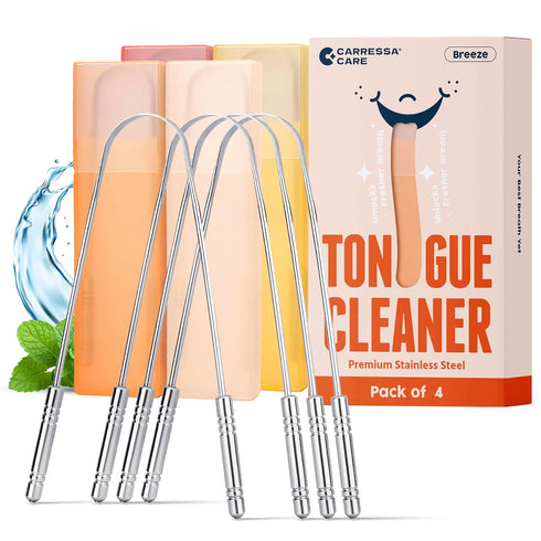 Tongue Scraper with Travel Cases - 100% Stainless Steel Tongue Scrubber for Fresh Breath & Easy to Carry - Pack of 4 Tongue Cleaner for Daily Hygi...