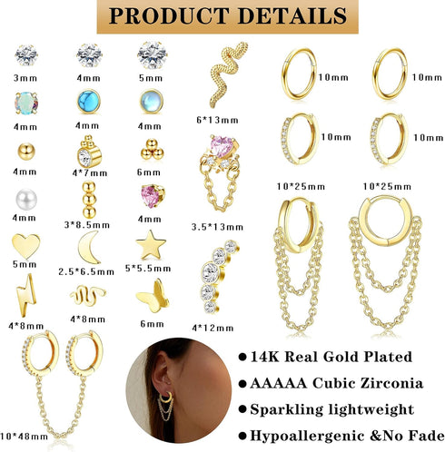 LOYALLOOK 28Pcs 14K Gold Plated Cartilage Stud Earrings and Hoops Set Stainless Steel Conch Helix Tragus Flatback Stud Earrings Dangle Chain Huggi...