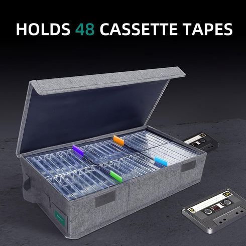 Cassette Tape Storage Box, Practical Cassette Tape Holder 16.34 x 9.25 x 3.54 Inch, Cassette Rack with Lids and Index Labels to store to 48 Casset...