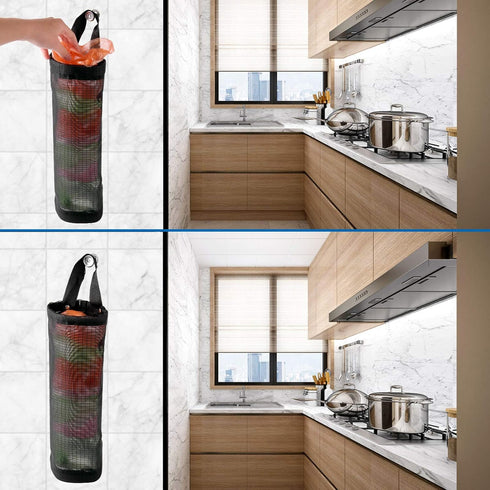 Hanging Folding Mesh Garbage Bag Organizer Trash Bags Holder Recycling Containers Plastic Waste Bag Storage for Kitchen With Adhesive wall hooks (...
