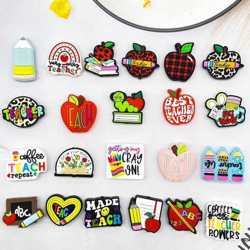 AllGemDiy Teacher Theme Silicone Focal Beads for Pens Characters Teach Pencil Book Focal Beads Silicone Charms Keychain Making Kit Assorted Silico...
