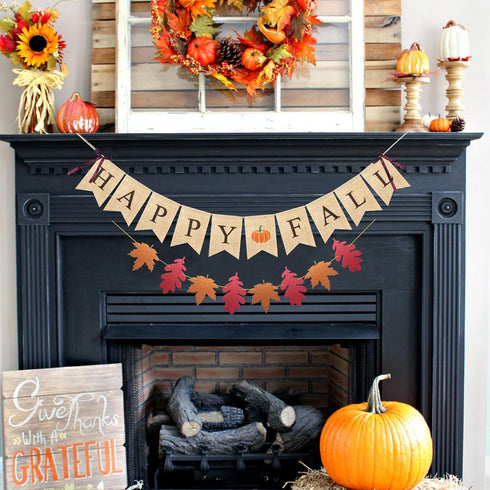 Uniwish Happy Fall Banner with Pumpkin Maple Leaves Sign Garland Fall Thanksgiving Day Decorations Mantle Fireplace Hanging Bunting...