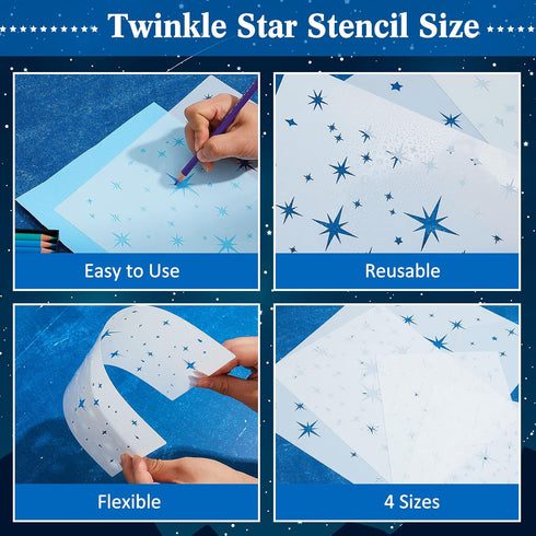 4 Pack Star Stencil 4 Sizes Star Shaped Painting Template Reusable Plastic Twinkle Starburst Painting Stencils for Wall Wood Canvas Fabric, Use fo...