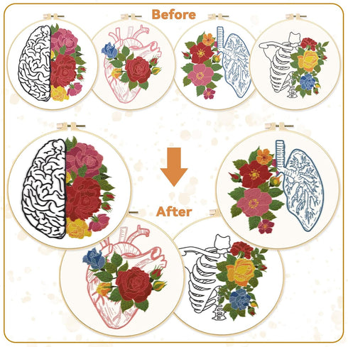 BEUNITONE 4 PCS Brain Embroidery Kit Heart Flower Cross Stitch Kit for Adults Lung Embroidery Starter Kit Bone Needlepoint Kit for Beginners Inner...