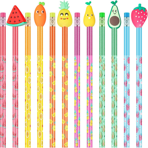 Leinuosen 30 Pieces Scented Pencils Fun Pencil with 12 Eraser Cartoon Pencil Toppers Fruit Pencil Toppers with Pencil Toppers Lovely Wood Pencil w...