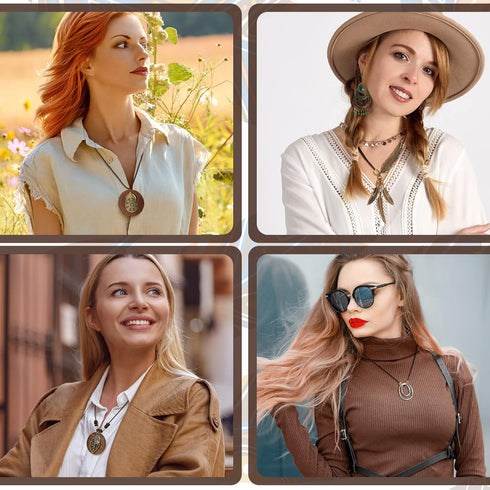 8 Pcs Long Wooden Pendant Necklaces for Women Bohemian Sweater Necklace Set Wooden Faux Leather Long Necklaces for Women Men Vintage Necklace Boho...