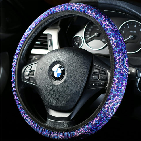 4 Pieces Mandala Purple Lotus Steering Wheel Cover Set with 2pcs Car Cup Coasters & Quarter Keyring, Cute and Fashionable Non-Slip Purple Steering...