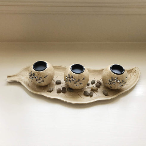 allgala Wooden Candle Holder Tray 3 Ball Orbs Set Tealight Candle Holder Centerpiece with Pebbles on Leaf Tray for Coffee Table Dining Table Accen...